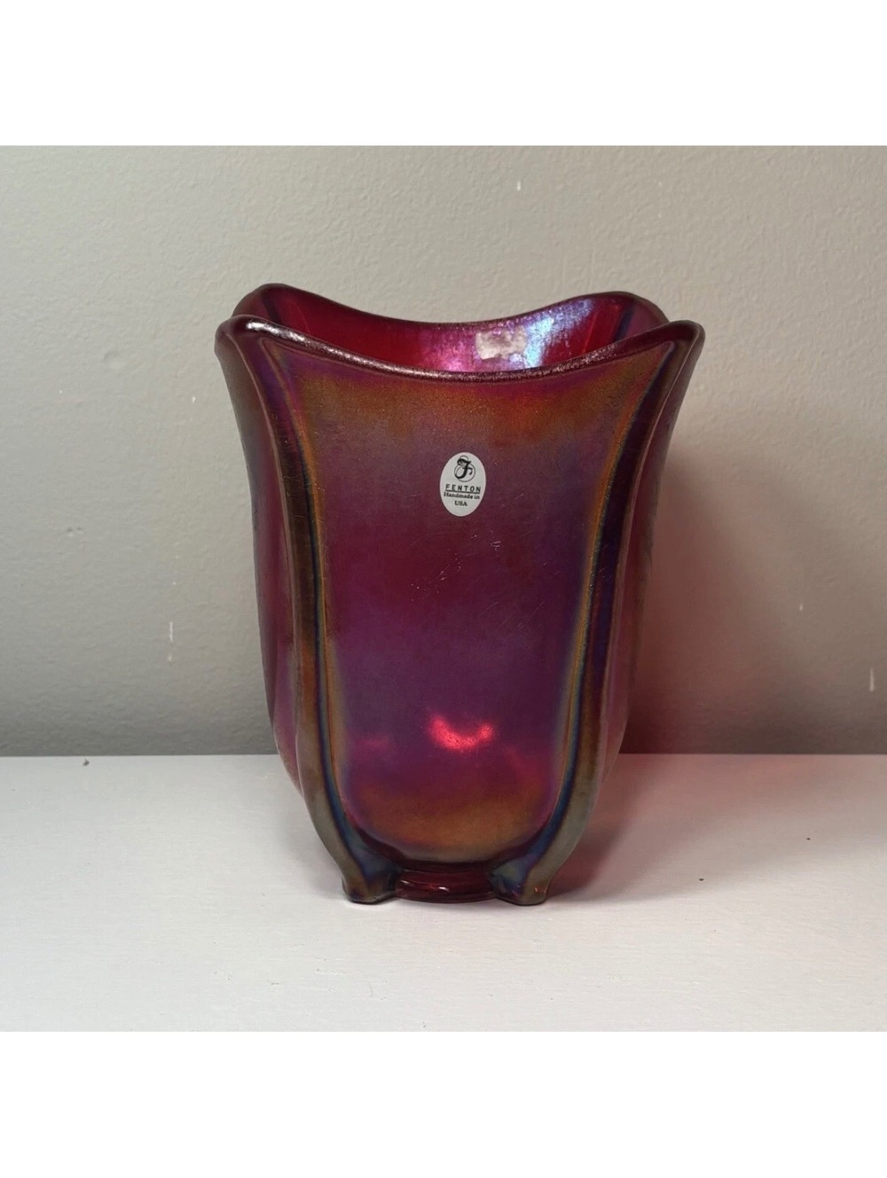 Fenton Red Strech Square Vase
